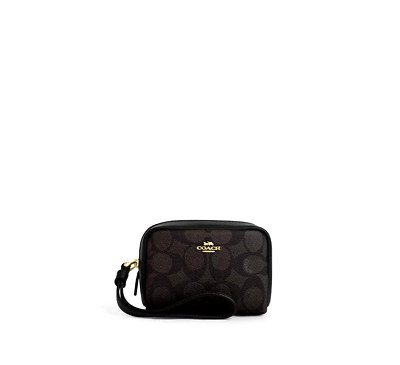NWT Coach CW907 Pouch Small Square Wristlet Walnut Black Signature Leather
