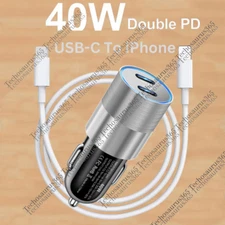 Dual Type C PD Fast 40W Car Charger Adapter Cable For iPhone 14 13 12 11 Pro Max