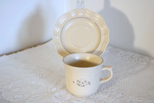 PFALTZGRAFF REMEMBRANCE STONEWARE Coffee Cups / Mugs & 6" Saucers Set of 2 ea