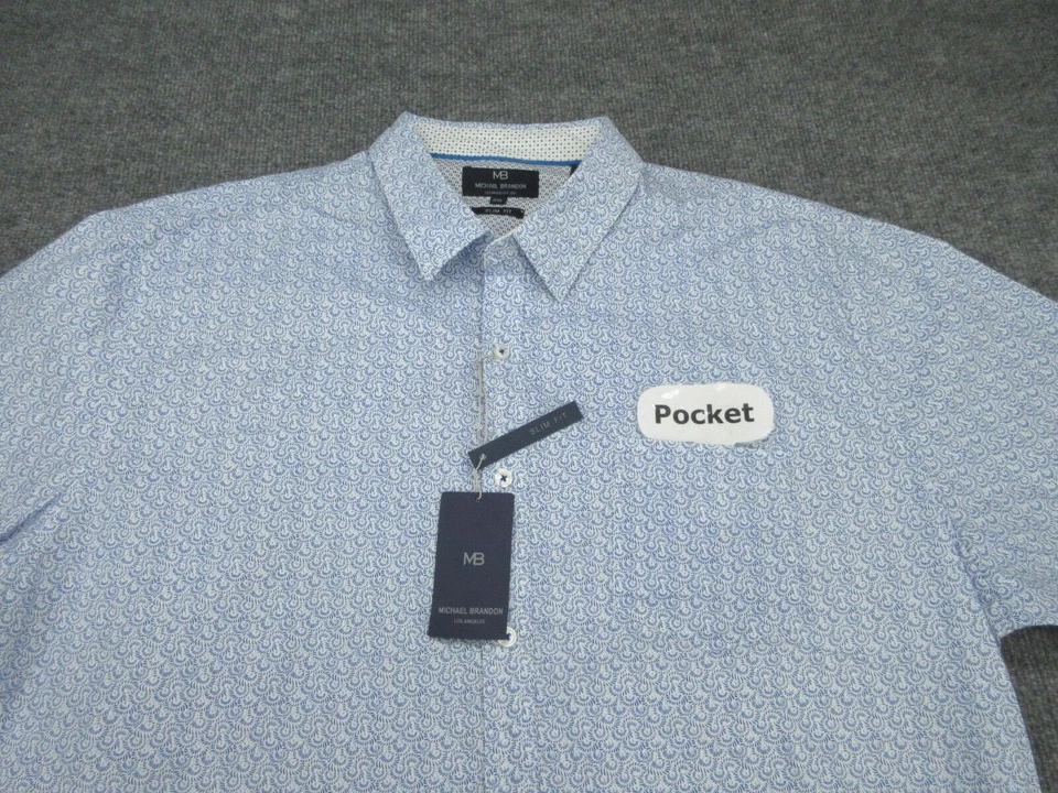 Camisa Michael Brandon Para Hombres 2XL Azul Ajustada Manga Corta Abotonada Adulto XXL NUEVA Foto 4 de 4