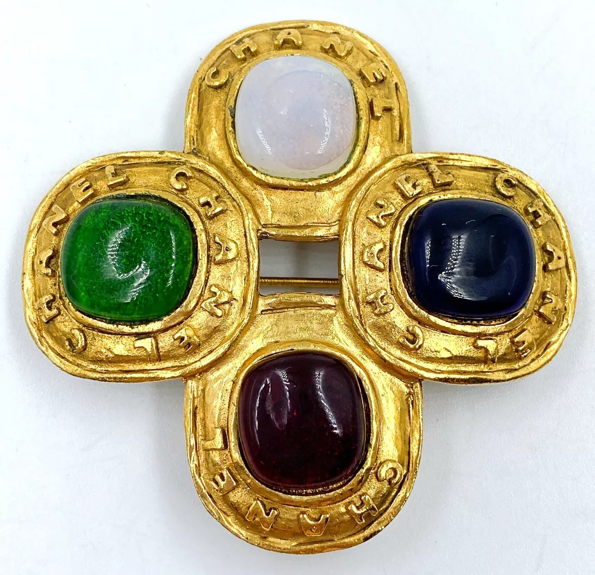 Vintage CHANEL Multicolor Pin Gripoix Glass Stones Gold Cross Brooch 2006  RARE