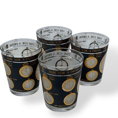 Set of 4 Mid-Century Modern ''Time For A Drink'' Double Old Fashioned Glasses Gold