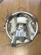 Native American Circle Dream Catcher Ceramic Face Wood Frame Fur - Wall Hanging