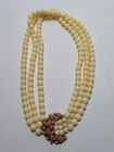 ✨VINTAGE✨ Milk Glass Faux Angel Skin Coral Bead Necklace Three Strands w Pendant