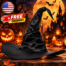 Black Ruched Pointed Witch Hat Halloween Costume Cosplay Party Fancy Dress USA