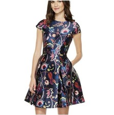 Ted Baker Fluxham Floral Folk Foliage Satin Pleated Fit Flare Party Dress 1 US 4