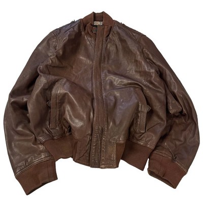 Brown Leather Jacket Vintage 2000s Minimal Biker Zip Up Classic Rare Style