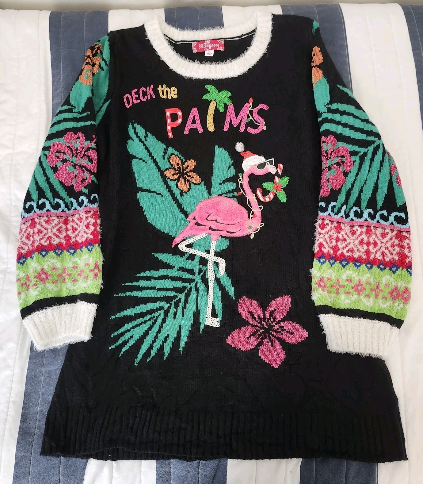 33 Degrees Ugly Christmas Sweater Flamingo Deck the Palms Sz XL