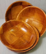 Vintage Wood Parquet Salad Bowls Set of 6 MCM Woven Checkered Basket weave 8"