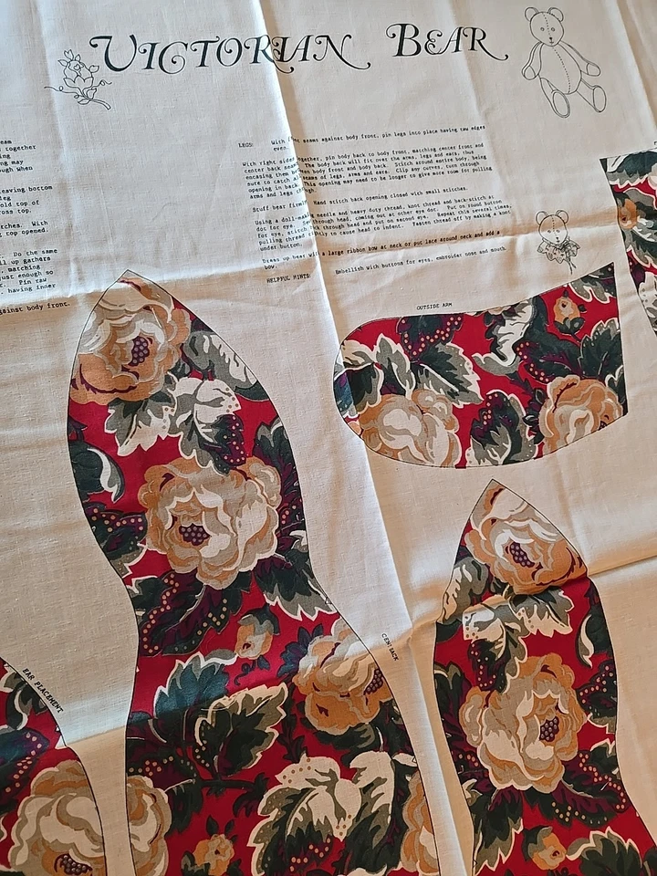 VINTAGE VICTORIAN Cut N Sew Teddy Bear Panel Red Floral SPRING INDUSTRIES Inc - Image 2 of 4