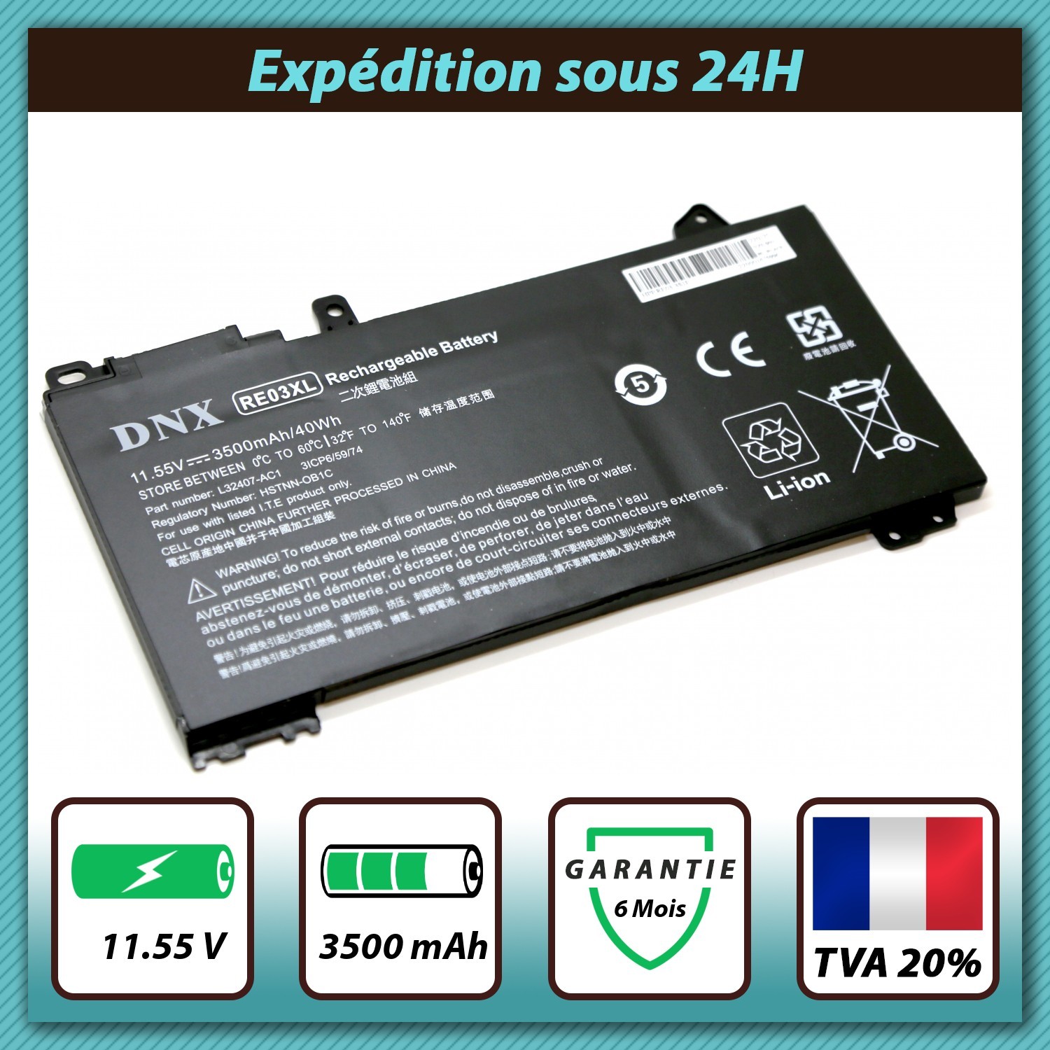 Batterie RE03XL 11.55V 3500mAh compatible avec ordinateur HP ProBook 450 G7