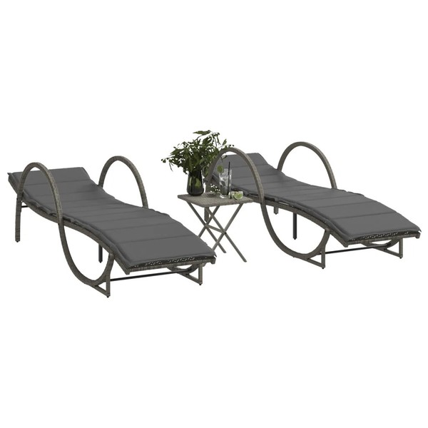 Sonnenliegen 2Er Set Mit Beistelltisch Poly Rattan Grau Balkon Garten Terrasse-image