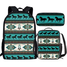 Turquoise Aztec Horse Backpack Set - 3-in-1 Lightweight Bookbag with Pencil C...