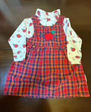Vintage Kids 90s HealthTex Girl's 4T Plaid Jumper Shirt Dress 2pc Set Fall Apple