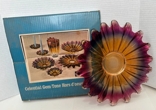 VTG Federal Glass Celestial Sunburst Flower Plate In Iridescent Gem Tone 11 inch