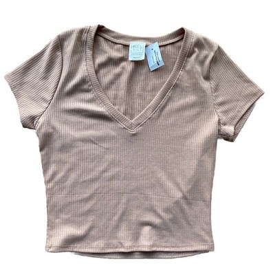 Full Tilt Dusty Pink Tan Plunge Cap Sleeve Crop Top Womens Size Medium