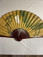 Vintage Large Asian Fan Hanging Wall Décor Hand Painted Bird , Floral 36”/21”