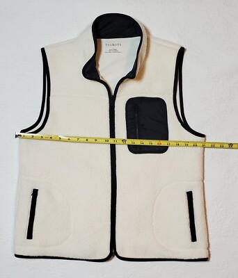 NWOT Talbots Cream Sherpa Fleece Vest w Black Trim Size L