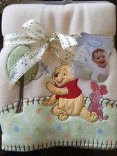 VTG New Disney Winnie the Pooh Piglet Fleece Baby Blanket Green Border 30  x 40"