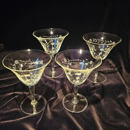 Willow Moon Pioneer Wine Glasses Etched Hand Blown Occupied Japan Mad Men Era -4