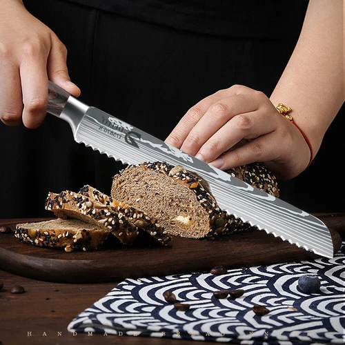 8” Bread Knife High Carbon Steel Damascus Kitchen Chef Knife Serrated Knife Gift - Picture 5 of 13