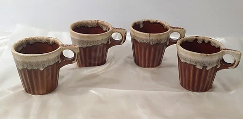 4 Coffee Mugs Brown Drip Glaze Pottery Ribbed Oven Proof USA Vintage MCM  