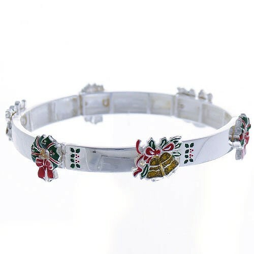 Silver wide stretch multi colored stretch 7" bracelet w/Christmas wreaths, bells - Picture 1 of 1