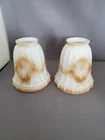 2 Deco Antique Brown White Milk Glass Shades Ribbed Floral Wreath Design