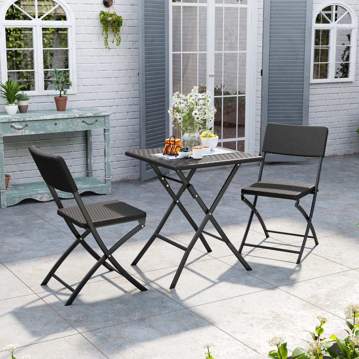 2Seater Bistro Bar Coffee Square Table Metal Frame Folding Chairs Outdoor Garden