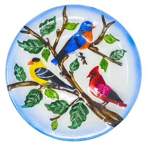 COLORFUL SONGBIRDS TEXTURED ART GLASS BIRD BATH OR DECORATIVE PLATE