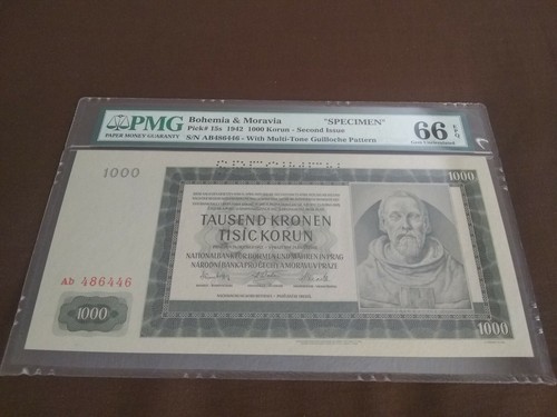 *(Rare)*, "Specimen", 1942, Bohemia & Moravia, 1000 Korun, 66 PMG, EPQ, Gem Unc. - Picture 5 of 5