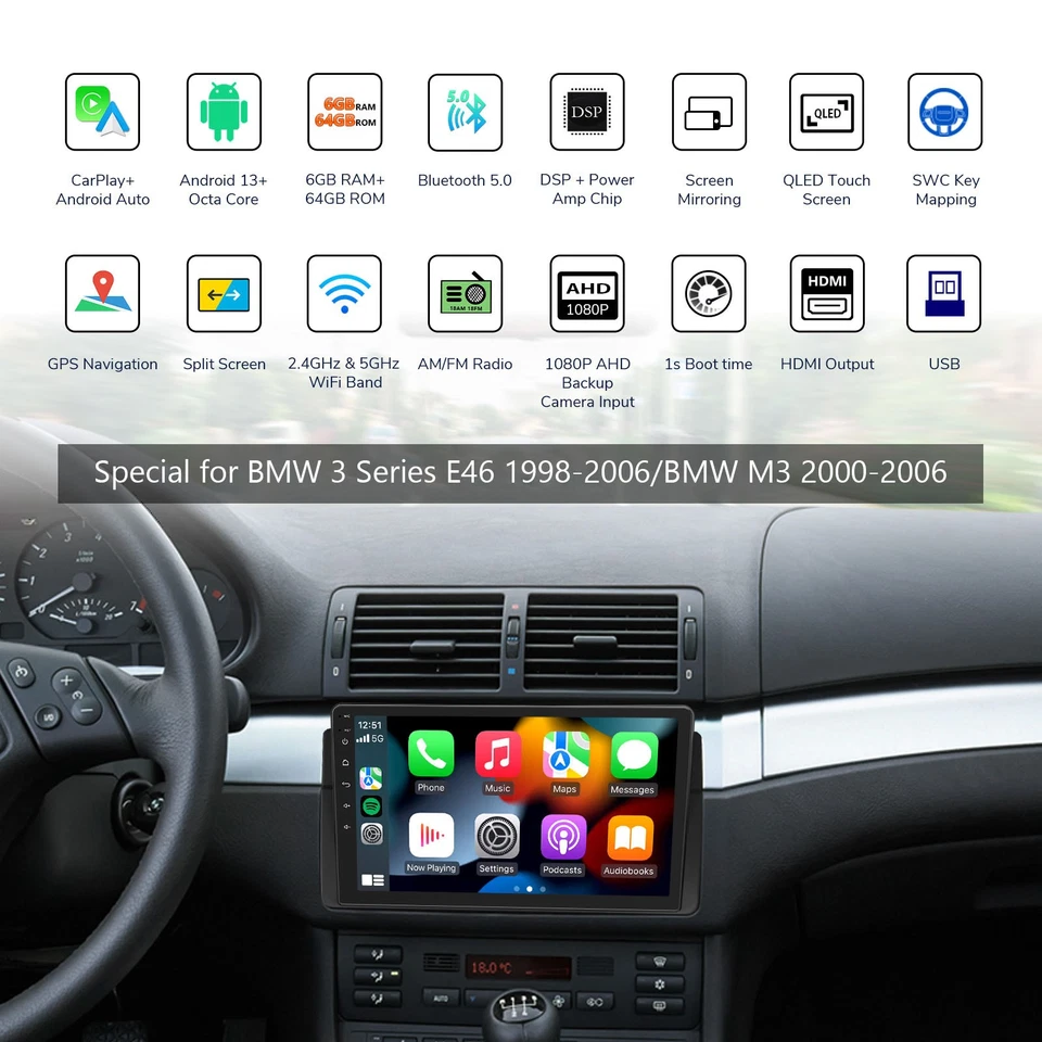 Eonon E46A12S Android 13 8Core 6+64 Car Radio Stereo GPS DSP CarPlay for BMW E46 - Image 2 of 4