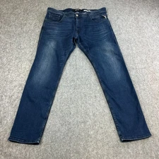 Replay Anbass Mens Jeans Slim Skinny 38 32 Dark Wash Blue Stretch Zip Fly