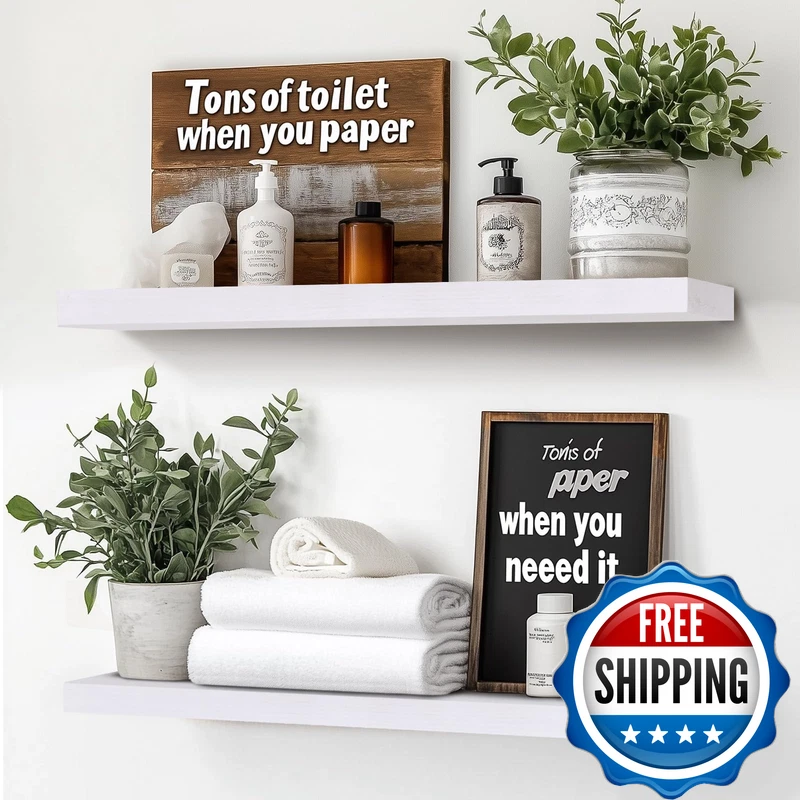 Abswhlm 24X6.8X1.2 Solid Wood Floating Shelves 2-Pack - Rustic White Finish