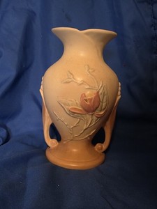 Hull Art Pottery Floral Embossed Ceramic Bottle Vase Beige Pink Green 1940s