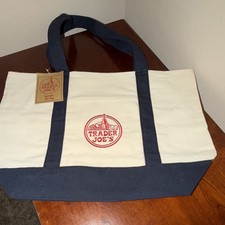 Trader Joe's White Navy Blue Reusable Tote Bag Foldable Cotton Polyester