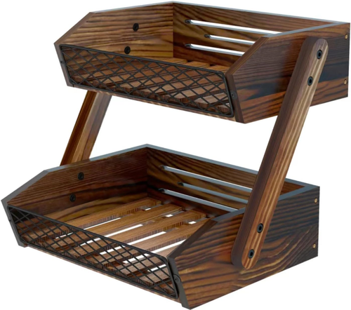 Fruit Basket for Kitchen, 2 Tier Fruit Bowl,Kitchen Counter Organizer,Wooden Veg - Picture 11 of 11