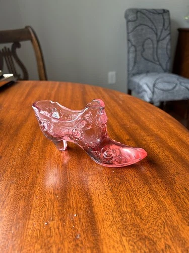 Vintage Fenton Art Glass OPALESCENT Pink Cabbage Rose Shoe Slipper