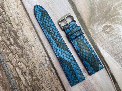 Size 22mm/20mm, Leather/Skin Snake Watch Strap Band Blue, Custom Strap.