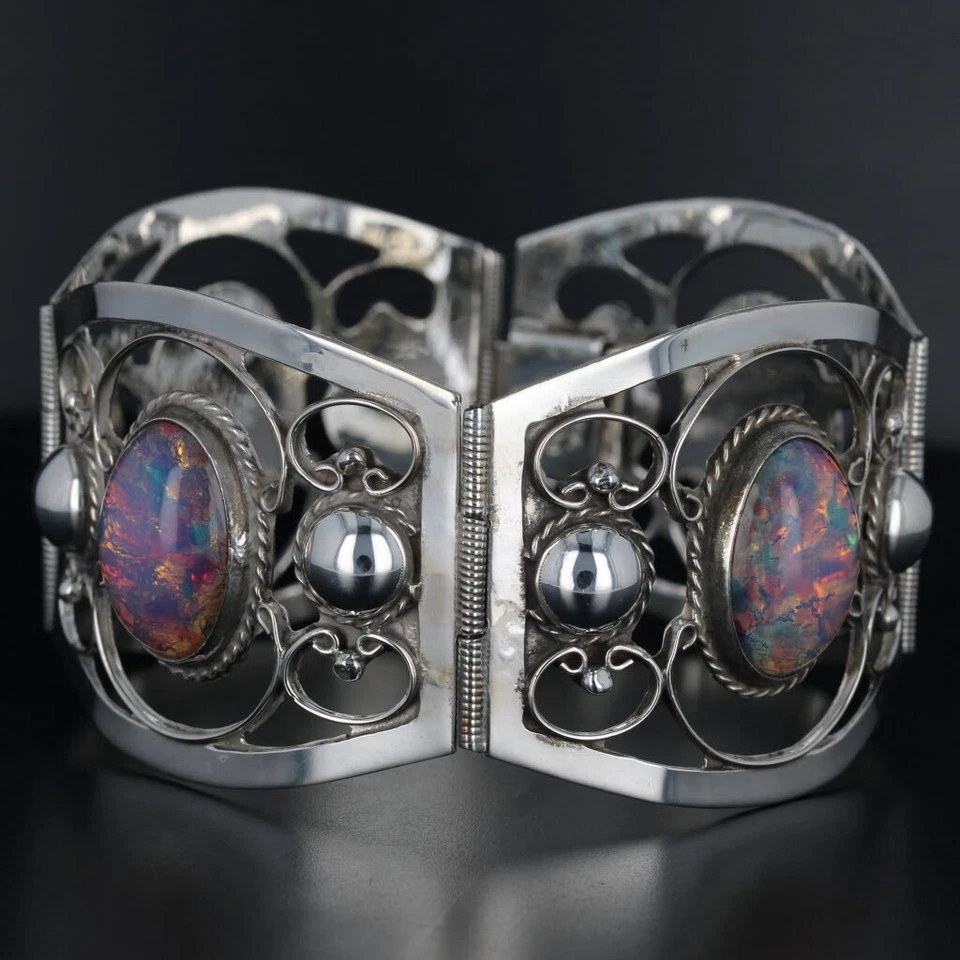 Imitation Opal Glass Statement Bracelet Sterling Silver Vintage Ornate 7.25" - Image 2 of 4