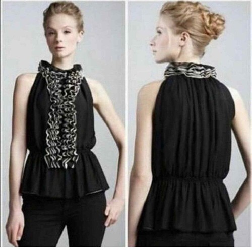 Robert Rodrigues for Neiman Marcus Ruffled Chiffon  Halter Top in Black/Cream