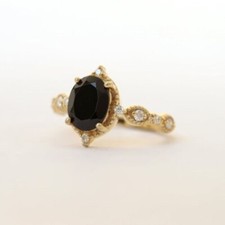 Oval Black Onyx engagement ring vintage engagement ring Solid 14 gold Plated 925