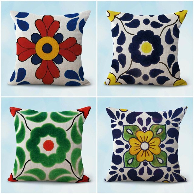 set of 4 indoor sofa cushions Mexican Spanish talavera cushion covers