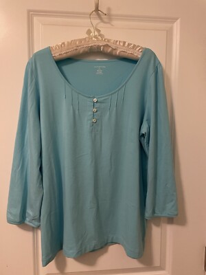 Lands' End Aqua Pintuck Henley Women's Top-3/4 Sleeve-Cotton Blend-EUC