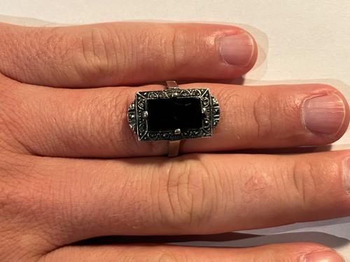 Bijoux Bague ancienne en argent taille 58 avec pierre noir Onyx ? (L45) - Foto 1 di 6