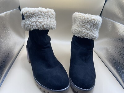 Women Winter Black Fleece Trim Pull On Mid Chunky Boot Wear Up/Down ￼Sz 8.5