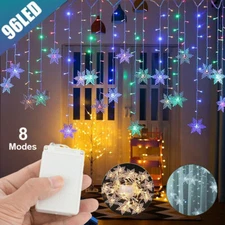 96 LED Snowflake Fairy Curtain String Lights Hanging Ornament Xmas Party Decor 