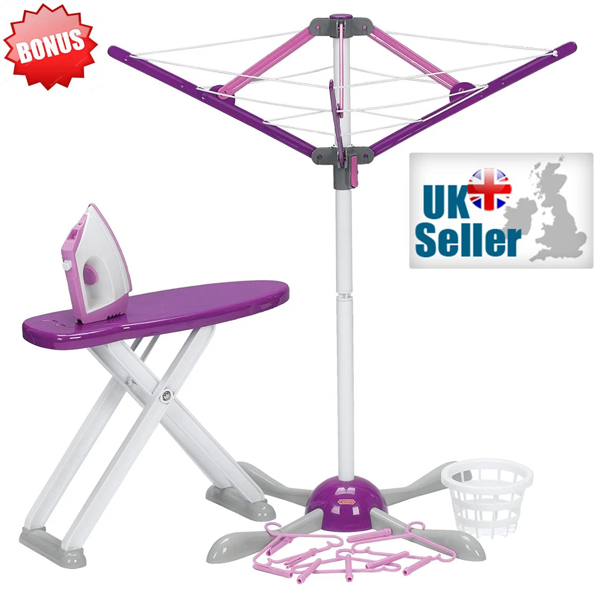 Childrens Kids Laundry Set Ironing Board Washing Line Iron Hangers