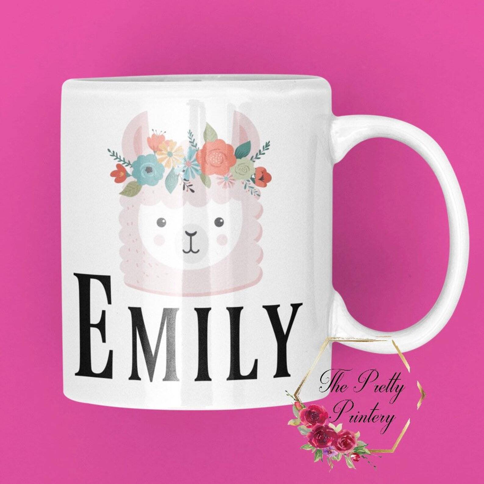 Personalised Llama Mug Cute Custom Gift Pretty Alpaca Floral Crown Gift For Her
