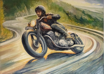 Ölgemälde Harley Davidson Biker Motorrad Highway Freiheit 70x50 OOAK